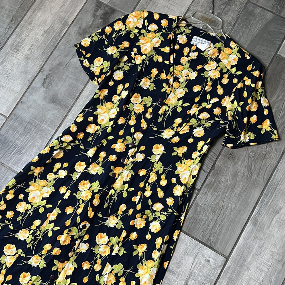 Vintage 90s Yellow Rose Midi dress button front size 4 navy blue